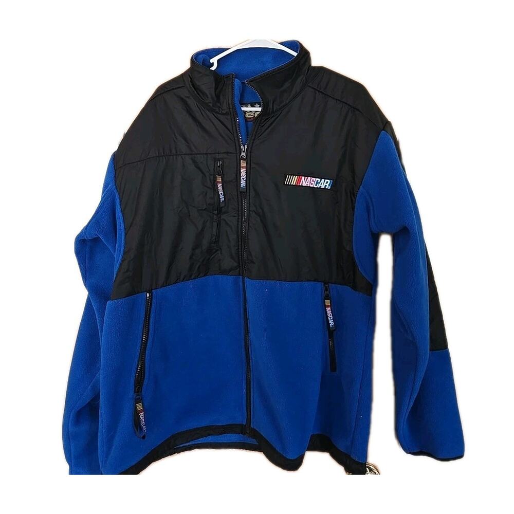 Vintage 90s Essex NASCAR Racing Embroidered Blue Black Fleece Jacket Coat XL